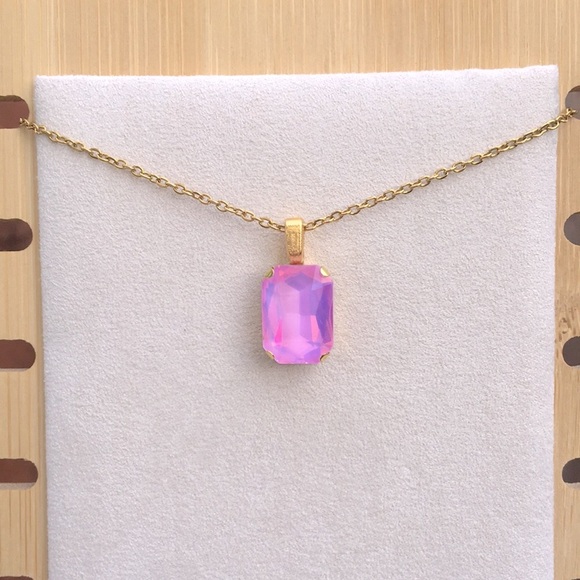 Pink-Purple Opal Aurora Borealis + Gold Emerald Cut Crystal Pendant Necklace - Picture 11 of 14